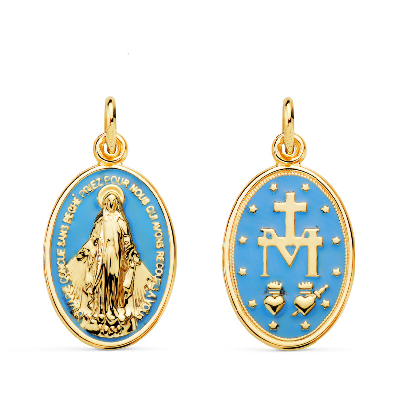 18K MEDALLA ORO AMARILLO VIRGEN MILAGROSA OVAL ESMALTE AZUL CIELO. MEDIDA: 20 X 14 MM