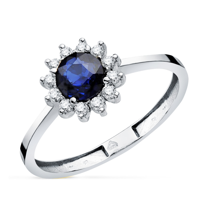 18K SORTIJA ORO BLANCO ZAFIRO 5 MM 0,56 QT Y DIAMANTES  0,17QT. G - VS2