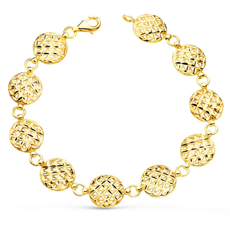 18K PULSERA ORO AMARILLO MOTIVOS REDONDOS TALLADOS 12 MM 20.5 CM