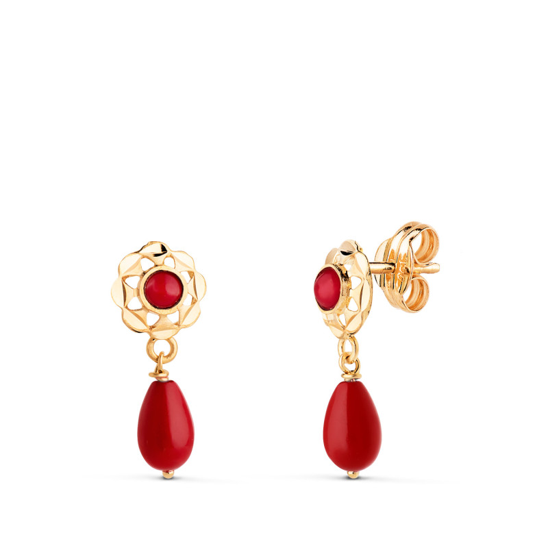 18K PENDIENTES ORO AMARILLO CUBANAS CON CORAL REDONDO Y LAGRIMA. 15X6 MM CIERRE PRESION