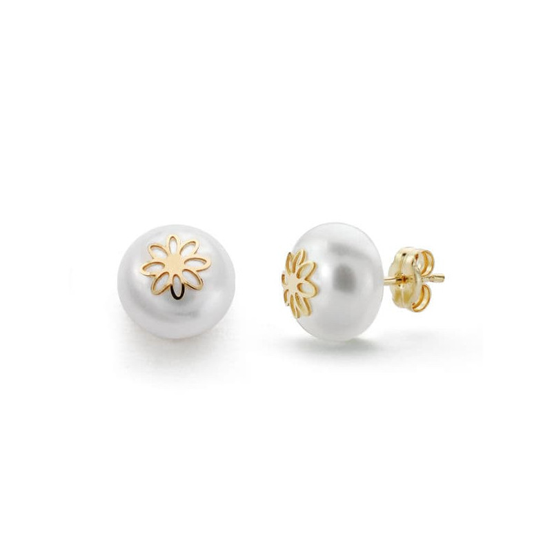 18K PENDIENTES ORO AMARILLO PERLA FLOR 9 MM CIERRE PRESION