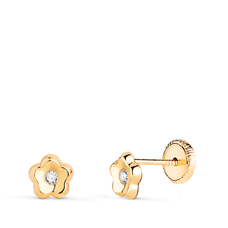 18K PENDIENTES ORO AMARILLO FLOR CON CIRCONITA EN BRILLO. MEDIDA: 5,2 X 5,2 MM. CIERRE TUERCA