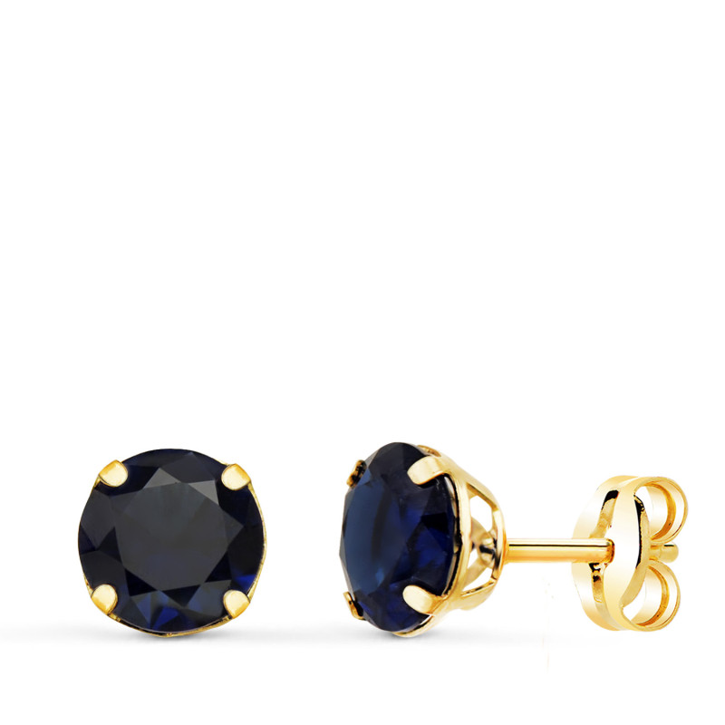 18K PENDIENTES ORO AMARILLO REDONDOS PIEDRA AZUL 6 MM. CIERRE PRESION