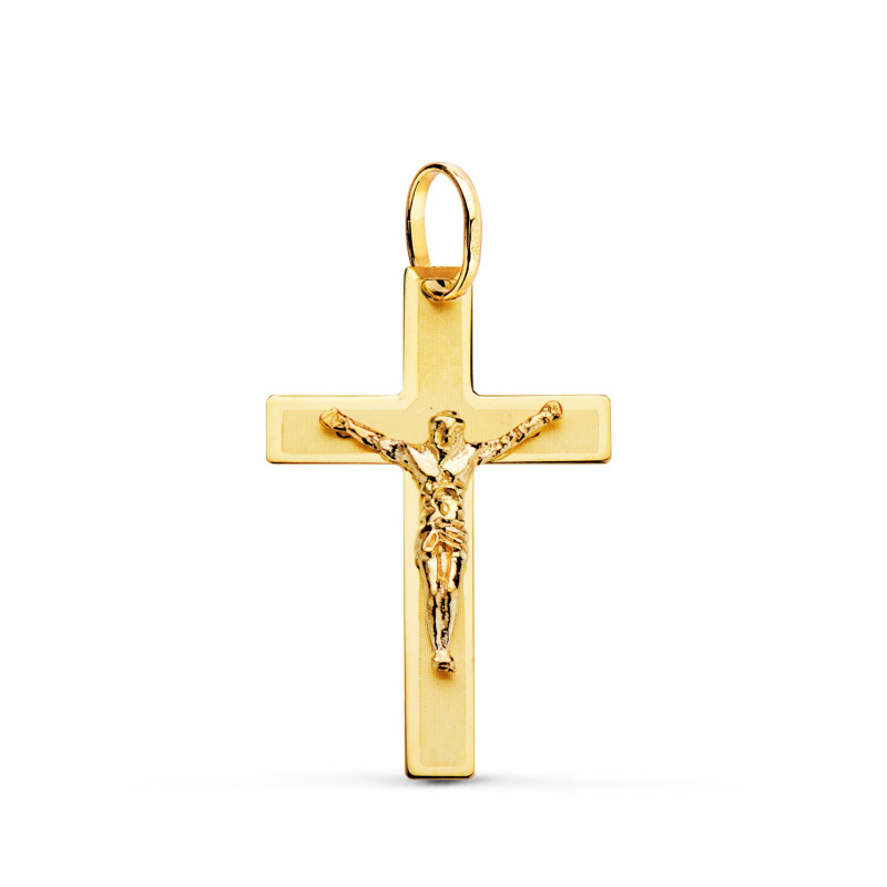 18K CRUZ ORO AMARILLO CON CRISTO LASER PLANA 26X17 MM
