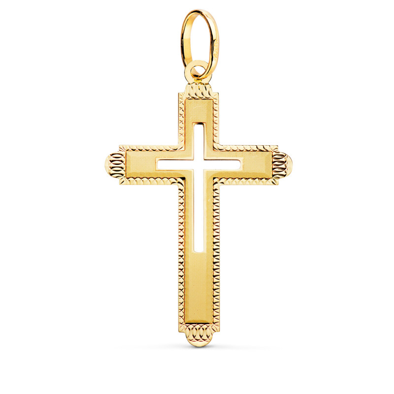 18K CRUZ ORO AMARILLO SIN CRISTO TALLADA Y MATIZADA 35X22 MM