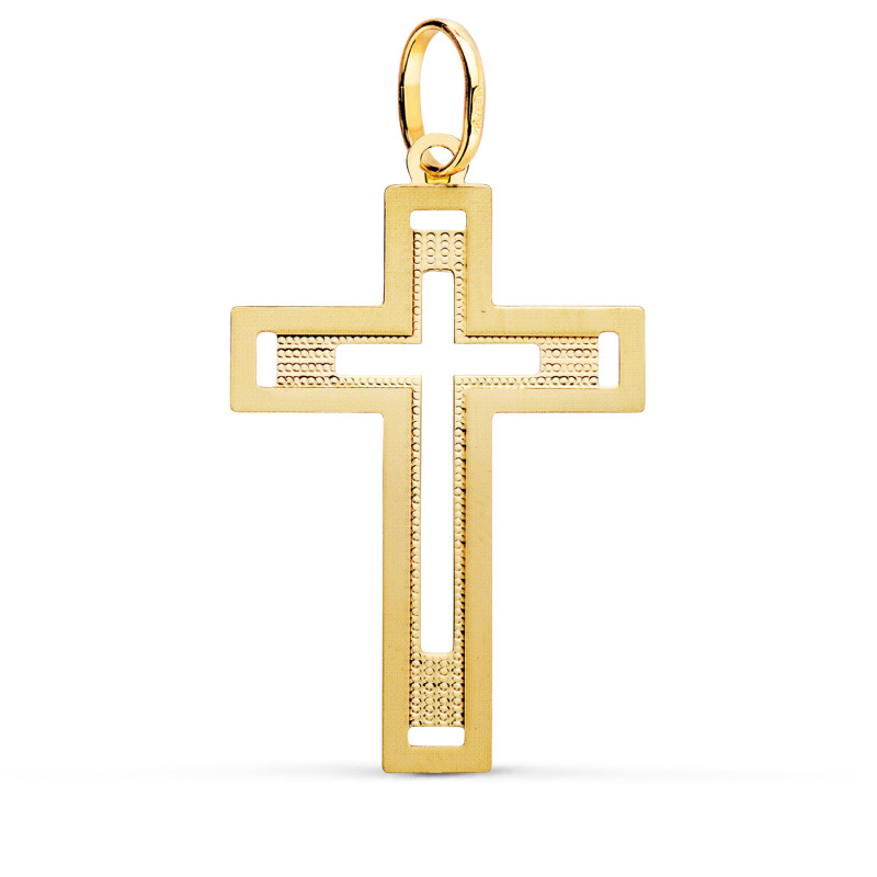 18K CRUZ ORO AMARILLO SIN CRISTO TALLADA Y MATIZADA 35X22 MM
