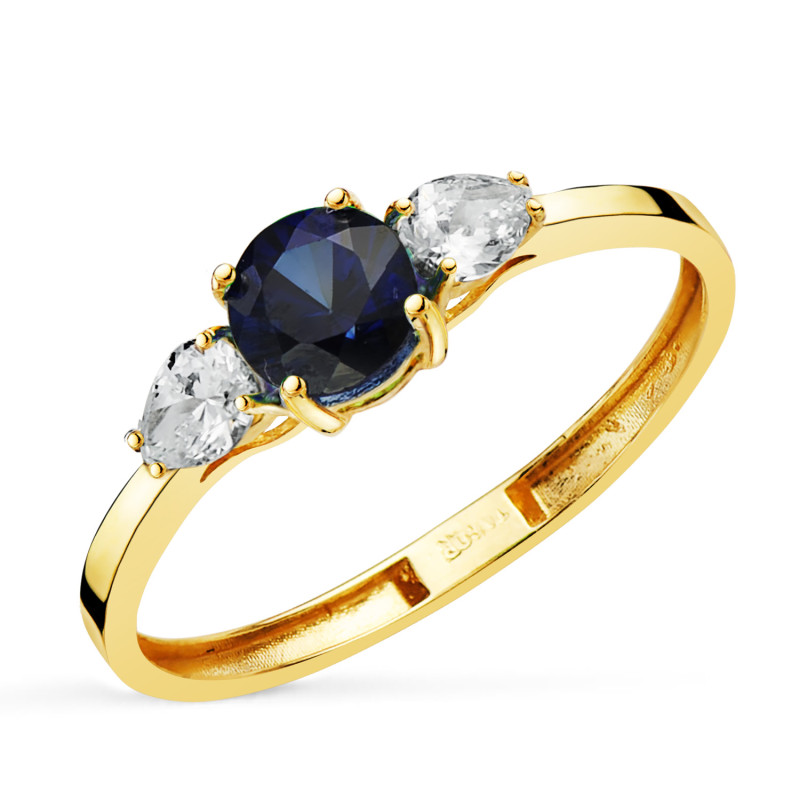 18K SORTIJA ORO AMARILLO DIAMANTES LABORATORIO TALLA PERA Y ZAFIRO DIFUSION 5 MM 0,63 QT  0,29QT. VS2 - E