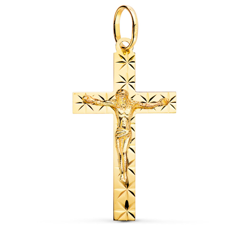 18K CRUZ ORO AMARILLO CON CRISTO TALLADA 34X19 MM