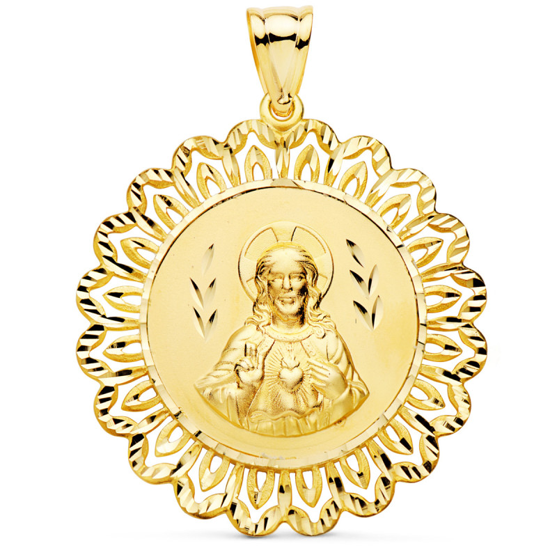 18K MEDALLA CORAZON DE JESUS CERCO FILIGRANA TALLADO ORO AMARILLO  37X37 MM