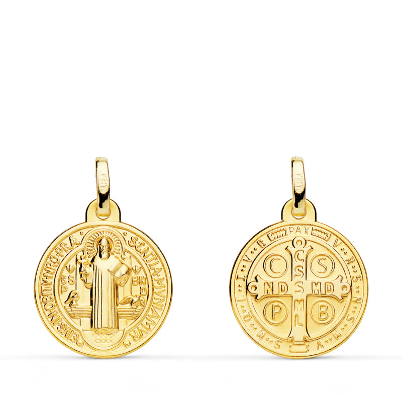 18K MEDALLA ESCAPULARIO ORO AMARILLO SAN BENITO MONJE 16 MM MATIZADA