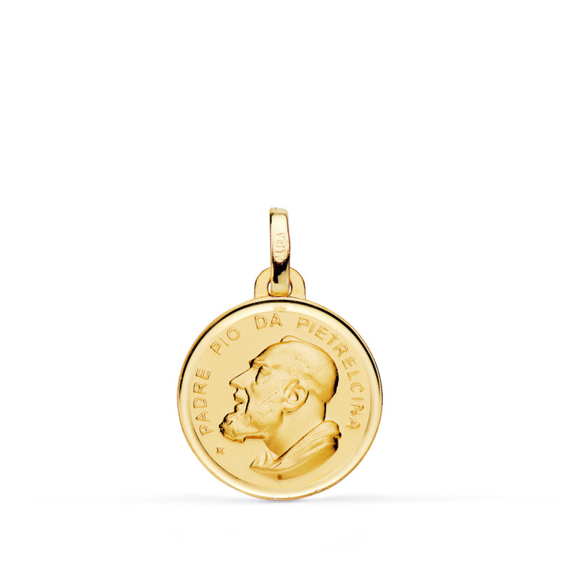 18K MEDALLA ORO AMARILLO PADRE PIO CON BISEL Y MATIZADA. MEDIDA: 16 MM