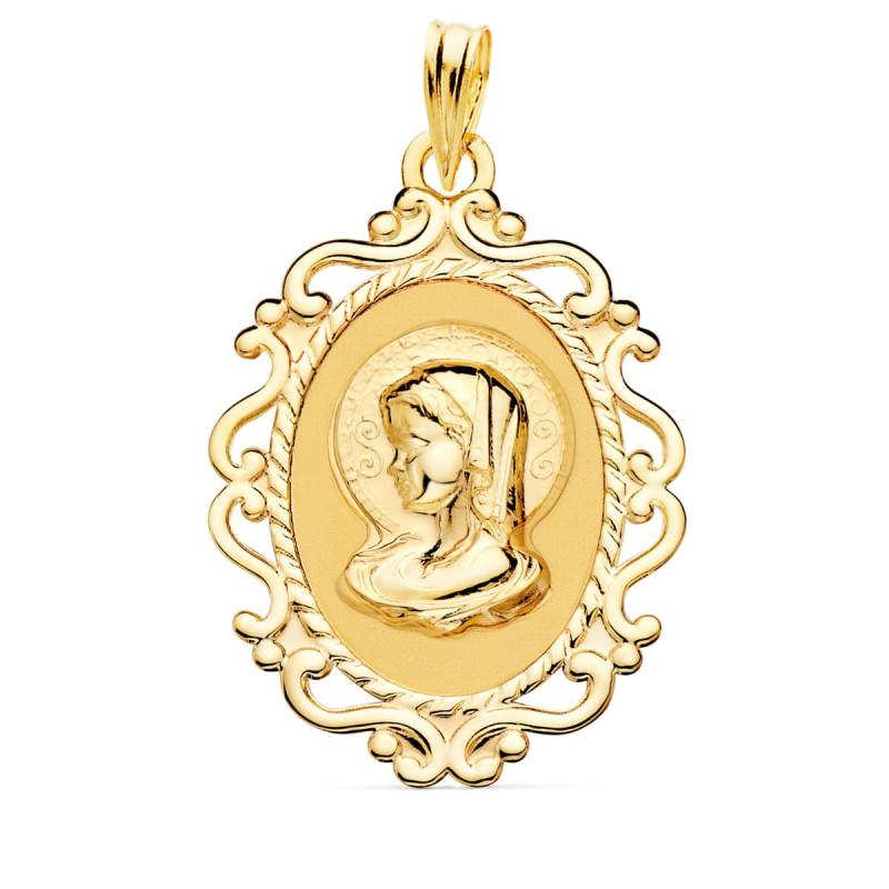 18K MEDALLA ORO AMARILLO VIRGEN NIÑA CERCO CALADO EN BRILLO. 31 X 21 MM