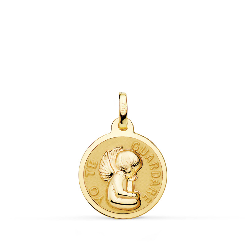 18K MEDALLA ORO AMARILLO ANGEL " YO TE GUARDARE " BRILLO 16 MM