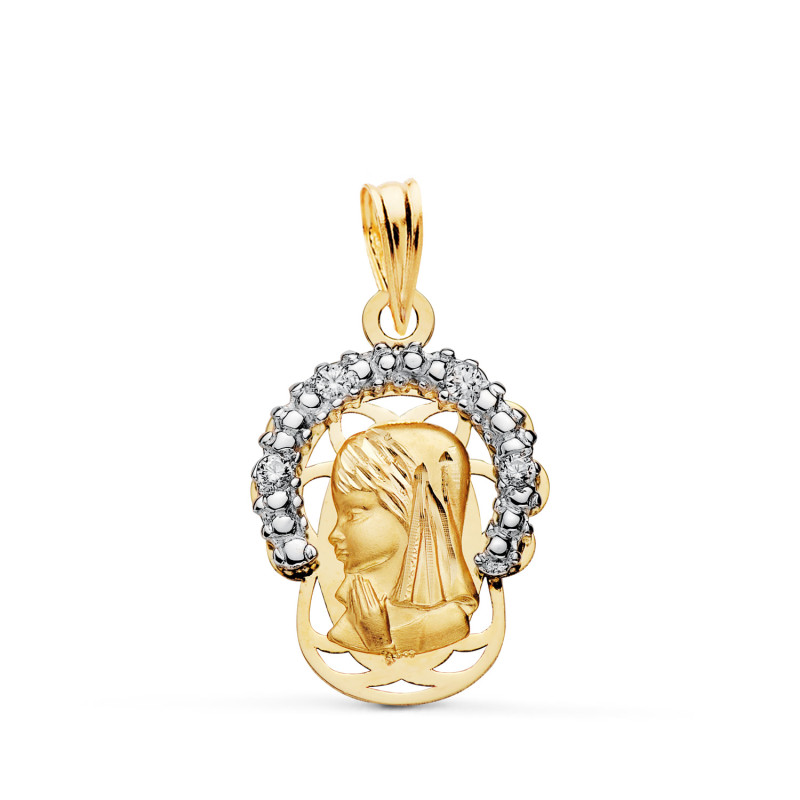 18K COLGANTE ORO BICOLOR VIRGEN NIÑA CORONA CON CIRCONITAS. MEDIDA: 20 X 14 MM