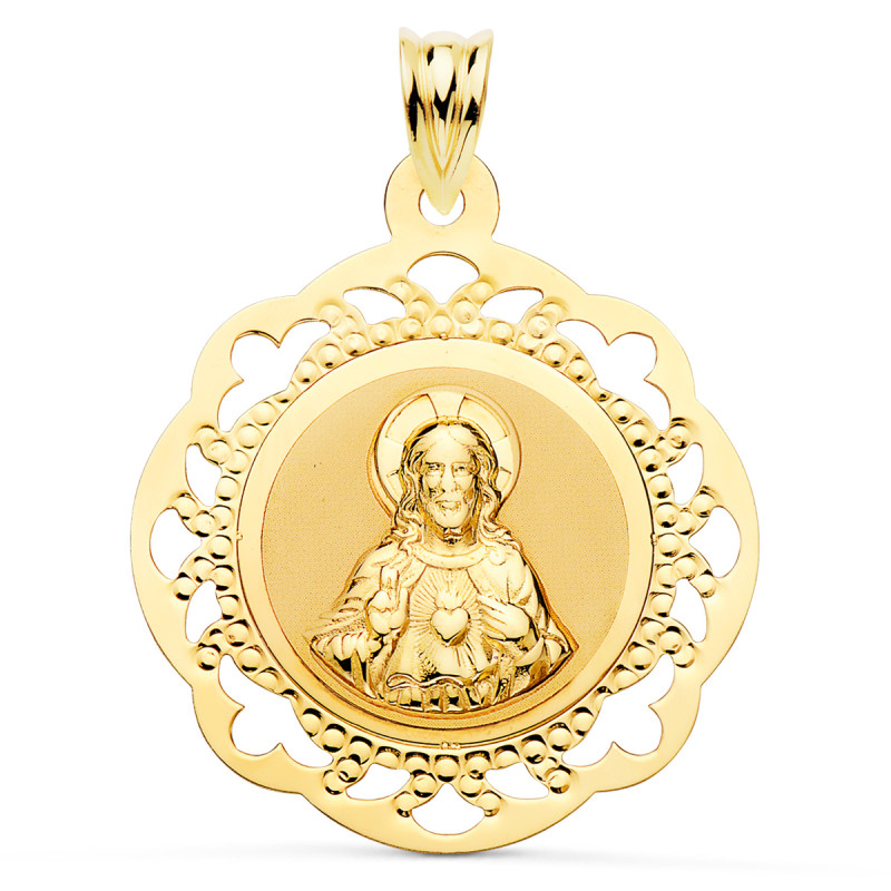 18K ESCAPULARIO ORO AMARILLO VIRGEN DEL CARMEN Y CORAZON DE JESUS CALADO BRILLO 31 X 27 MM
