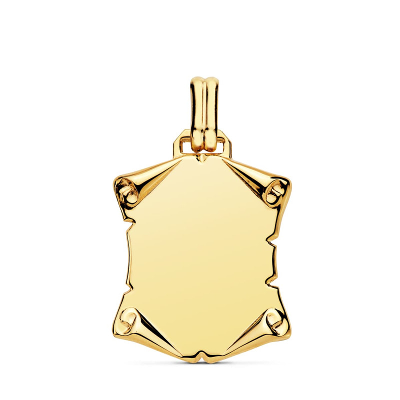 18K PLACA CHAPA COLGANTE PERGAMINO ORO AMARILLO LISO BRILLO PAPIRO. 22X20 MM