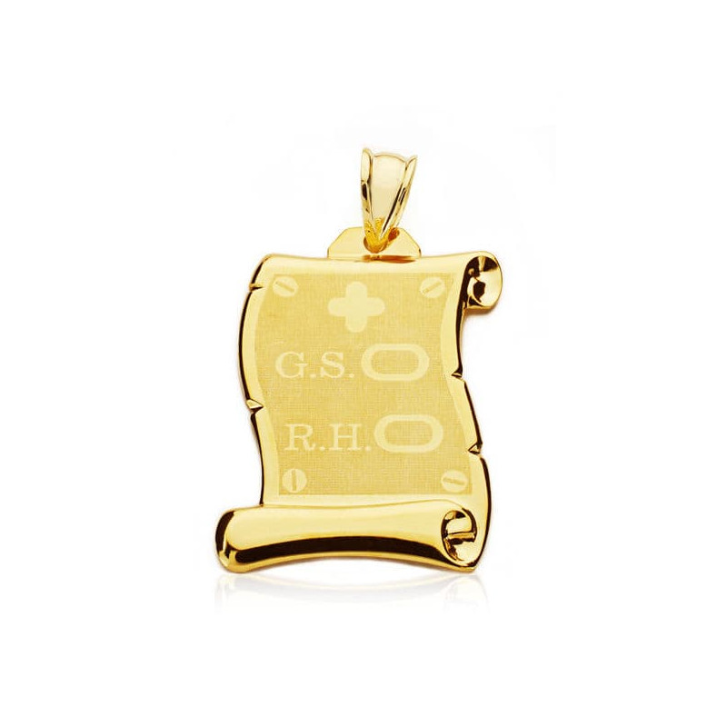 18K PLACA CHAPA COLGANTE PERGAMINO ORO AMARILLO BRILLO GRUPO SANGUINEO   RH MATE Y BRILLO 28X22 MM