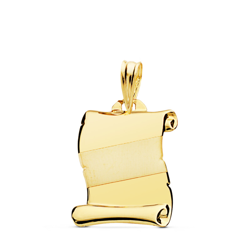 18K PLACA CHAPA PERGAMINO ORO AMARILLO LISO BRILLO BANDA DIAGONAL MATIZADA 18X14 MM