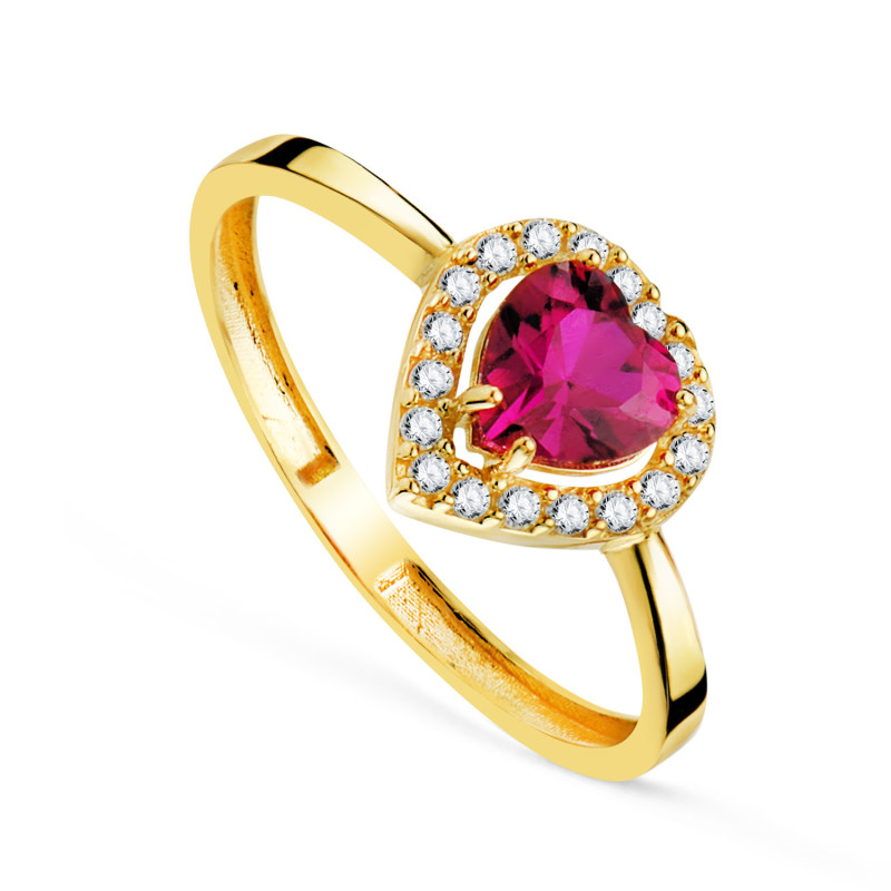 18K SORTIJA ORO AMARILLO CORINDON RECONSTRUIDO CORAZON RUBI 5X5 MM CON CIRCONITAS. ANCHO: 8X8 MM C. AMOR