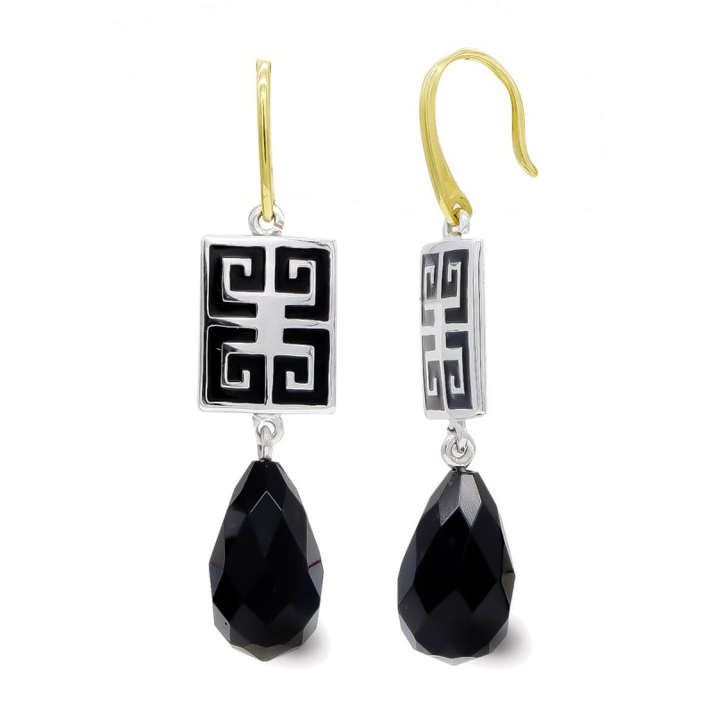 18K PENDIENTES ORO BICOLOR ONIX PERA CIERRE GANCHO