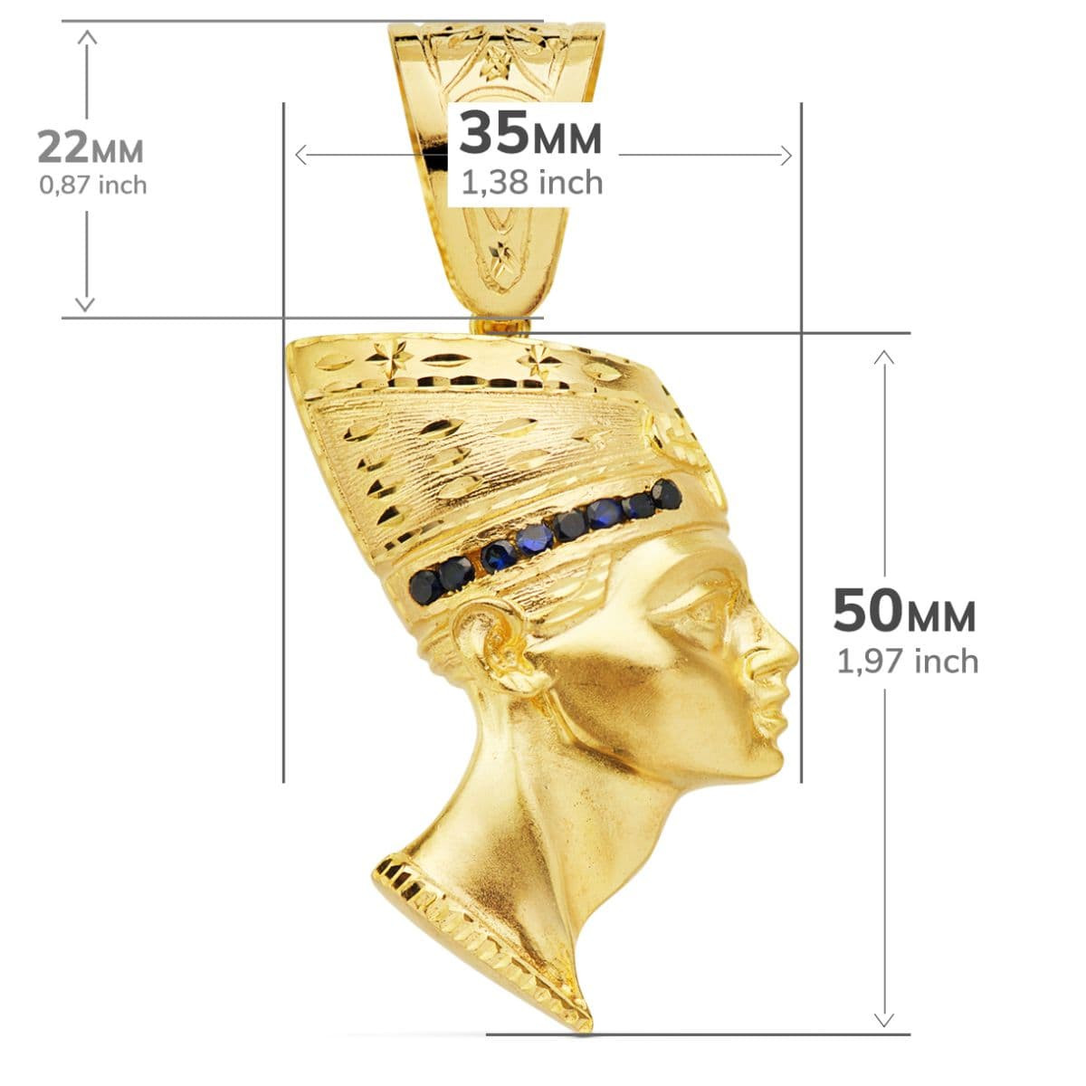 18K COLGANTE ESFINGE NEFERTITI GIGANTE CON CIRCONITA AZULES ORO AMARILLO. 50 X 35 MM