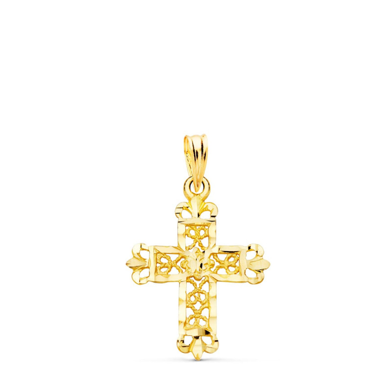 18K CRUZ ORO AMARILLO FILIGRANA BORDES TALLADOS. 22X19 MM