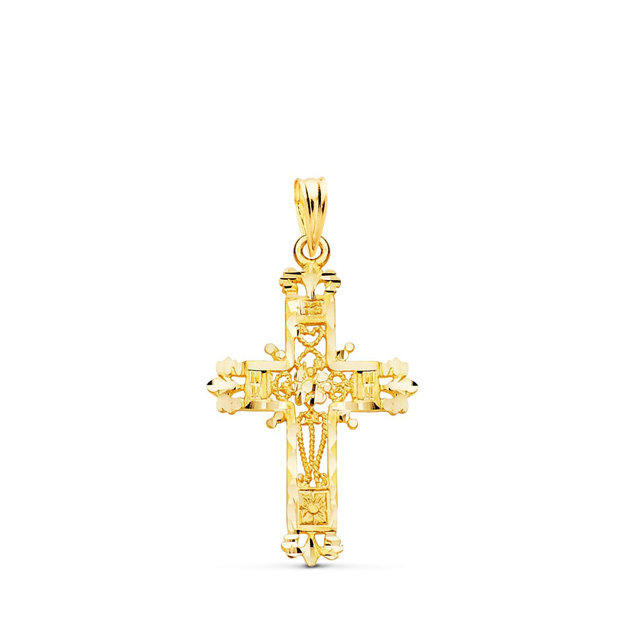 18K CRUZ ORO AMARILLO FILIGRANA BORDES TALLADOS. 29X19 MM