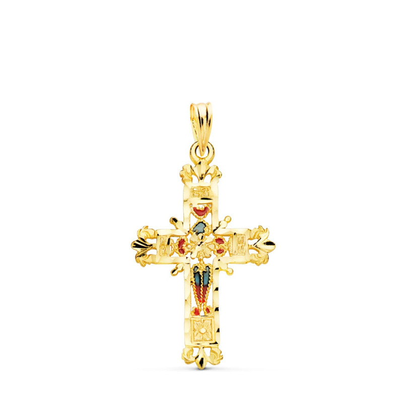 18K CRUZ ORO AMARILLO VIDRIERA CATEDRAL BORDES TALLADOS. 30X20 MM