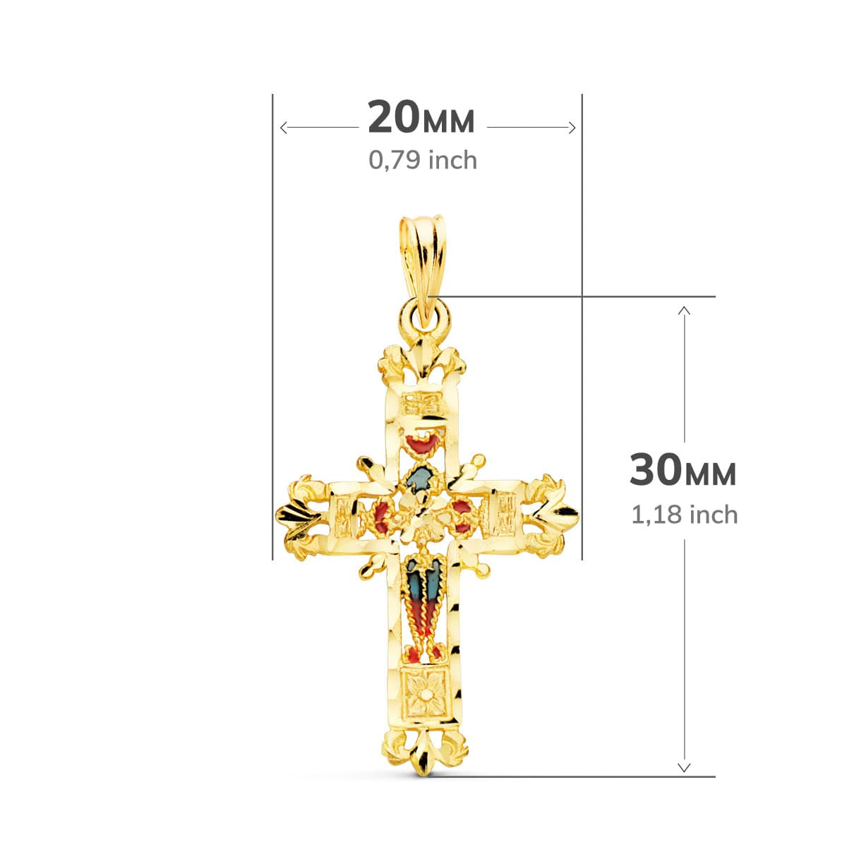 18K CRUZ ORO AMARILLO VIDRIERA CATEDRAL BORDES TALLADOS. 30X20 MM