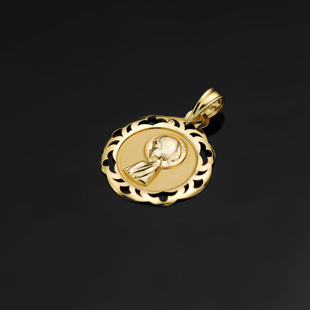18K MEDALLA ORO AMARILLO VIRGEN NIÑA CERCO CALADO EN BRILLO 20X18 MM