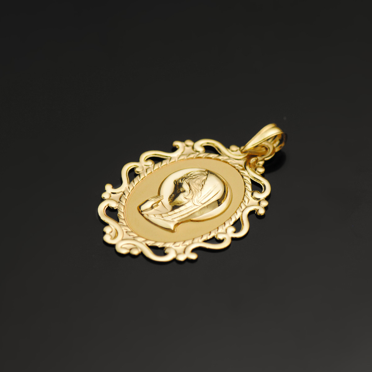 18K MEDALLA ORO AMARILLO VIRGEN NIÑA CERCO CALADO EN BRILLO 31X21 MM