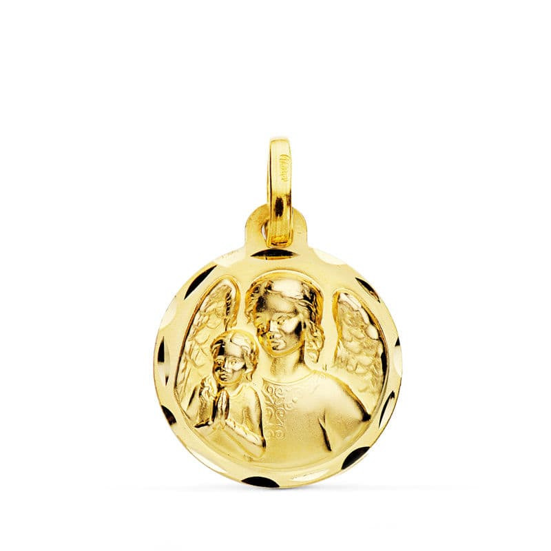 18K MEDALLA ORO AMARILLO ANGEL DE LA GUARDA CON NIÑO TALLADA 16 MM