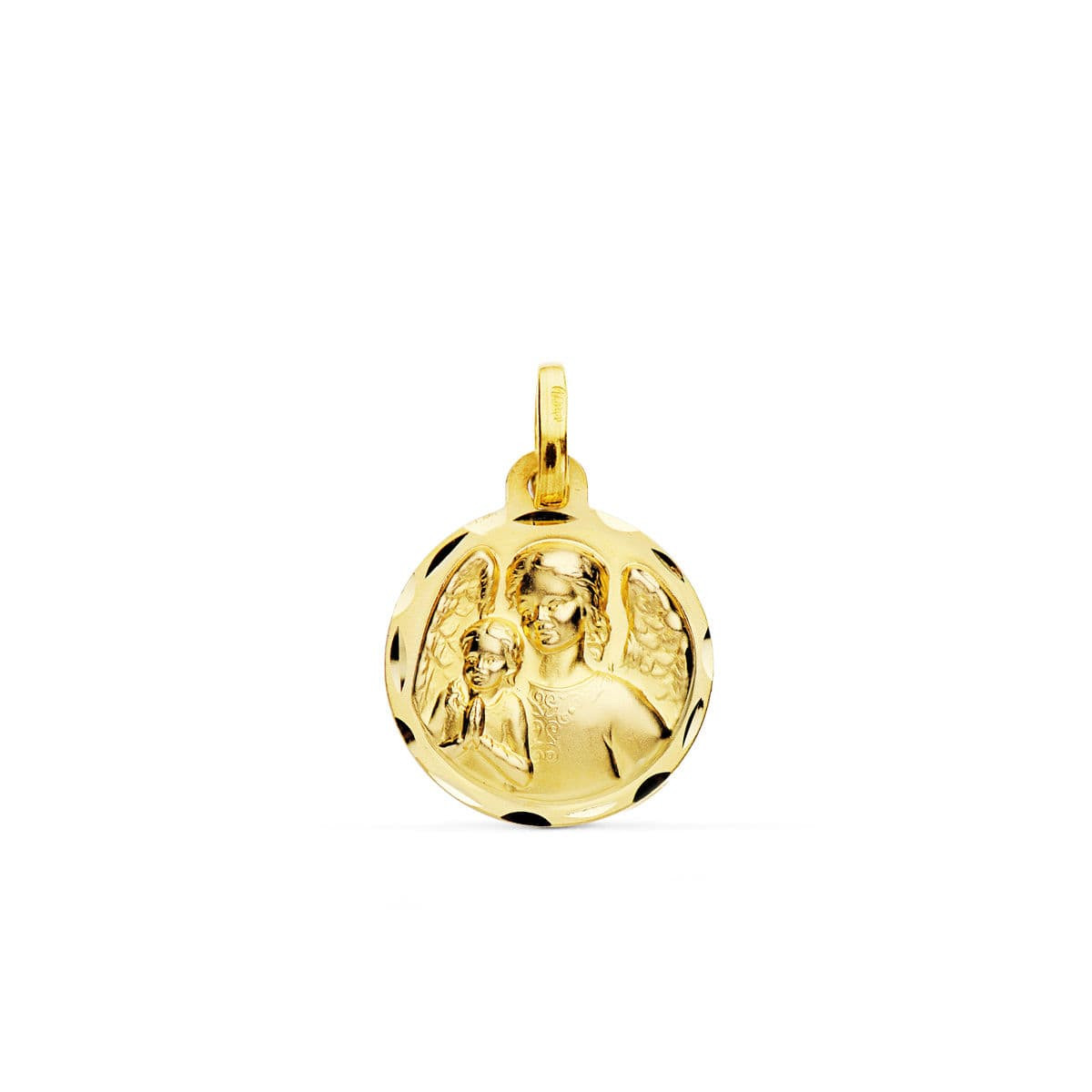 18K MEDALLA ORO AMARILLO ANGEL DE LA GUARDA CON NIÑO TALLADA 16 MM
