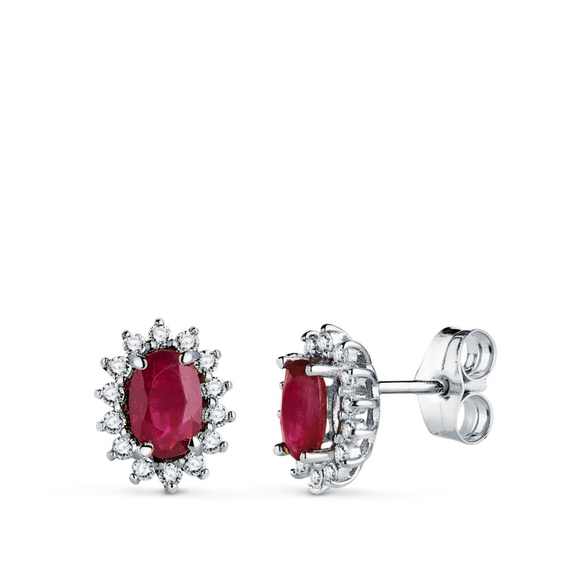 18K PENDIENTES ORO BLANCO 28 DIAMANTES LABORATORIO Y RUBI 6X4 MM 1,10 QT  0,28 QTS. VS2-G CIERRE PRESION 9,5X8 MM