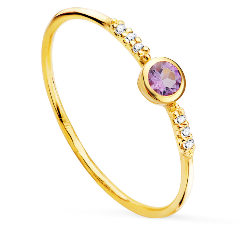 18K SORTIJA ORO AMARILLO 6 DIAMANTES DE LABORATORIO 0,030  QTS. G-VS2. AMATISTA 3 MM